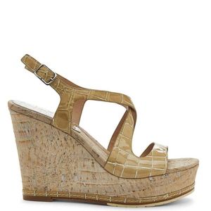 Donald  Pliner Crocco Patent Cork Wedge Sandal 8.5